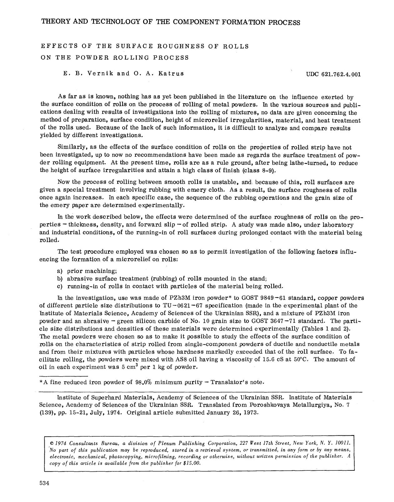 Effects of the surface roughness of rolls on the powder rolling process by Unknown