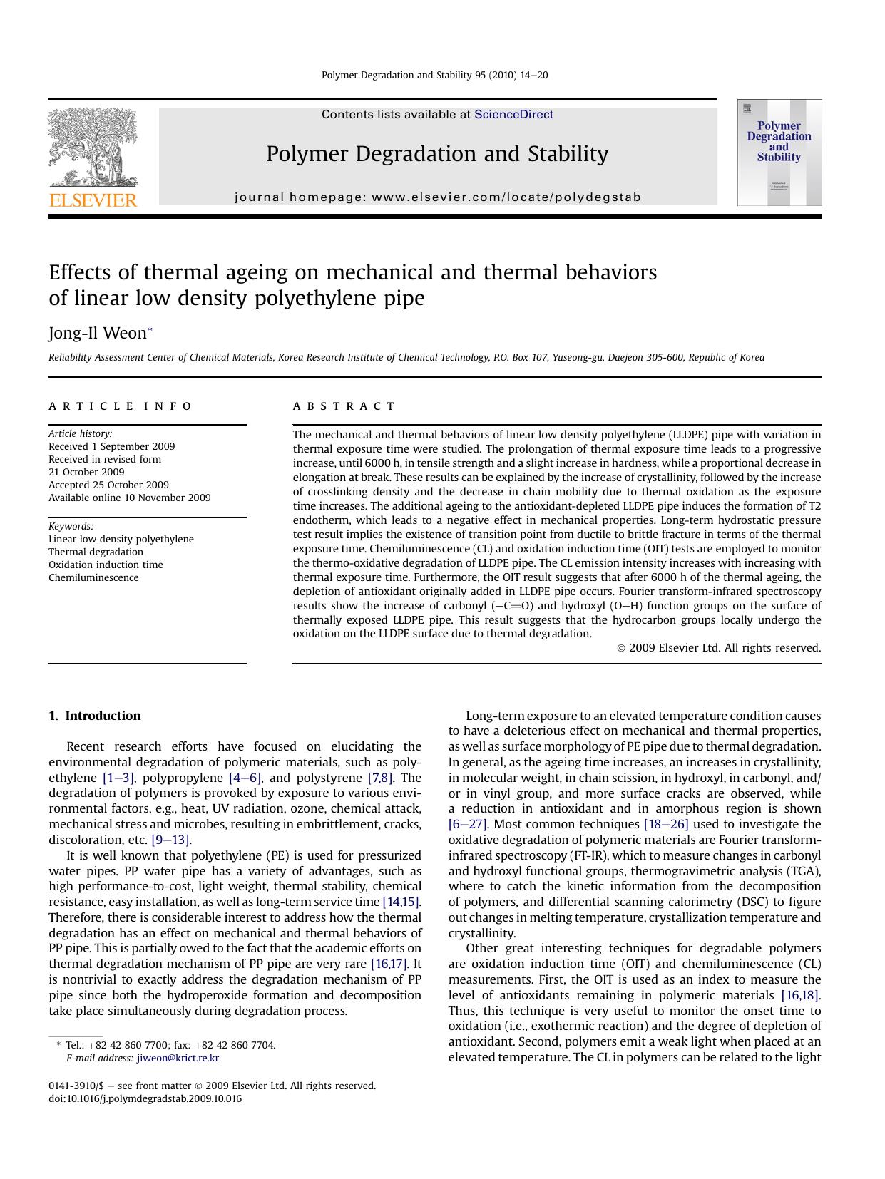 Effects of thermal ageing on mechanical and thermal behaviors of linear low density polyethylene pipe by Jong-Il Weon