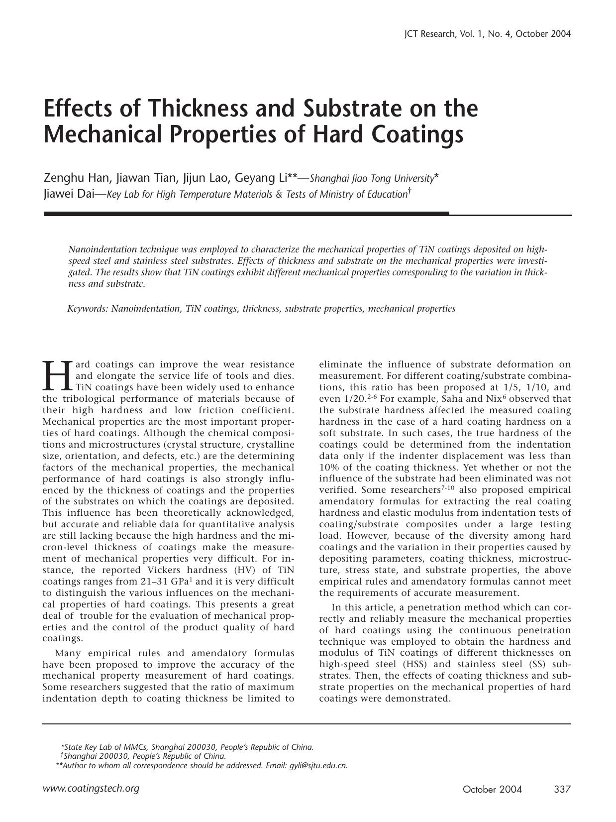 Effects of thickness and substrate on the mechanical properties of hard coatings by Unknown