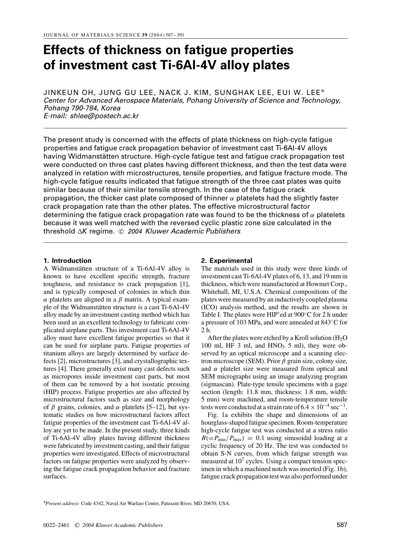 Effects of thickness on fatigue properties of investment cast Ti-6Al-4V alloy plates by Unknown
