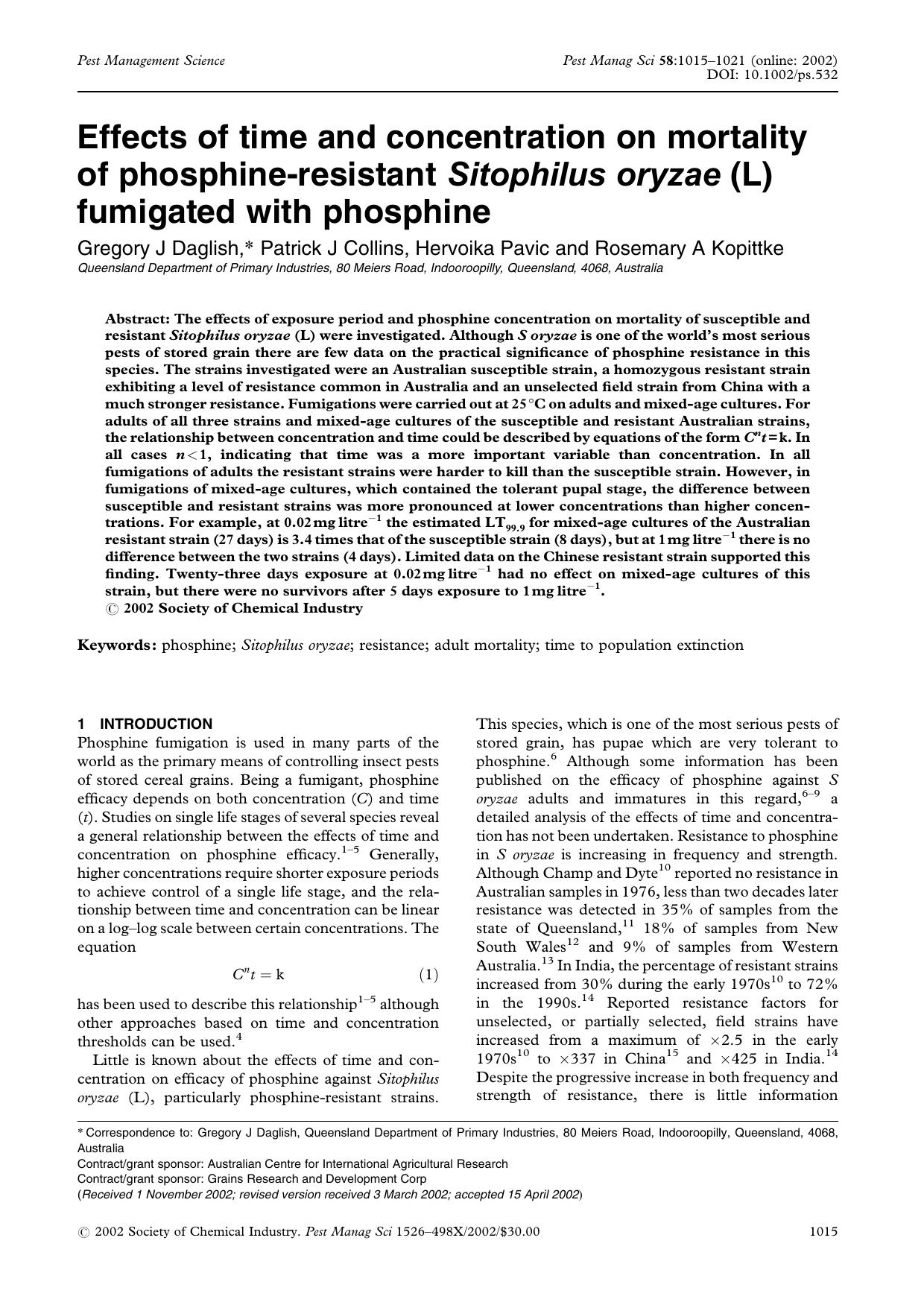 Effects of time and concentration on mortality of phosphine-resistant Sitophilus oryzae (L) fumigated with phosphine by Unknown