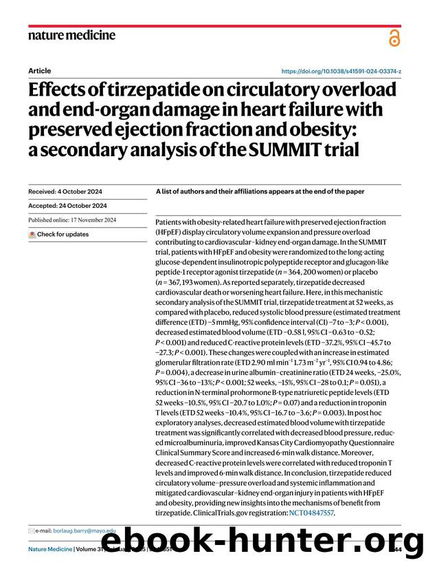 Effects of tirzepatide on circulatory overload and end-organ damage in heart failure with preserved ejection fraction and obesity: a secondary analysis of the SUMMIT trial by unknow