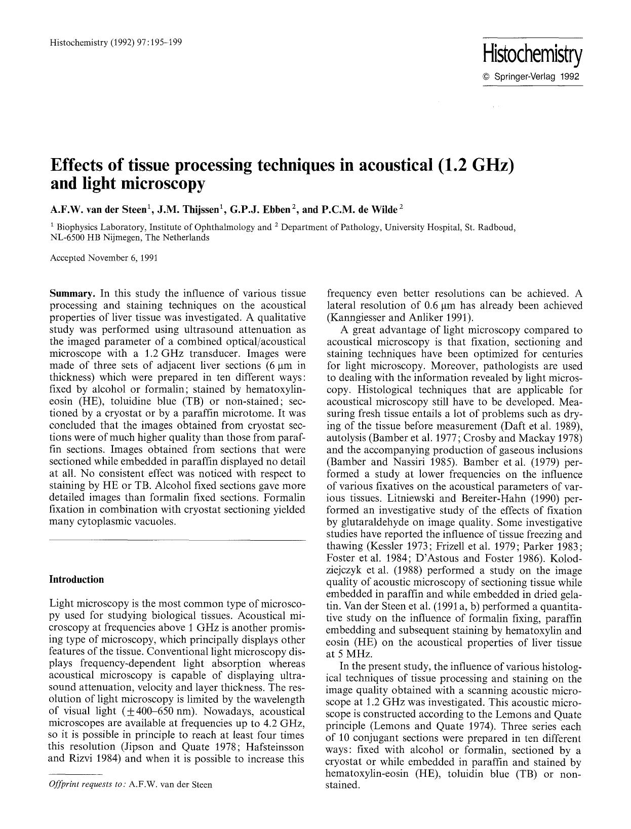 Effects of tissue processing techniques in acoustical (1.2 GHz) and light microscopy by Unknown