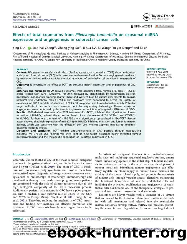 Effects of total coumarins from Pileostegia tomentella on exosomal miRNA expression and angiogenesis in colorectal cancer cells by Liu Ying & Cheng Dao-hai & Su Zheng-ying & Lv Ji-hua & Wang Li & Deng Yu-yin & Li Li