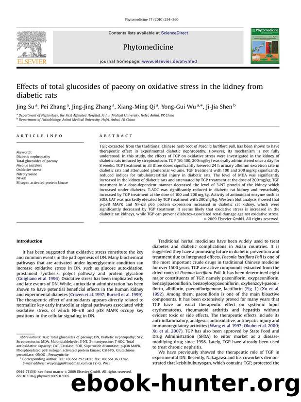 Effects of total glucosides of paeony on oxidative stress in the kidney from diabetic rats by Jing Su; Pei Zhang; Jing-Jing Zhang; Xiang-Ming Qi; Yong-Gui Wu; Ji-Jia Shen
