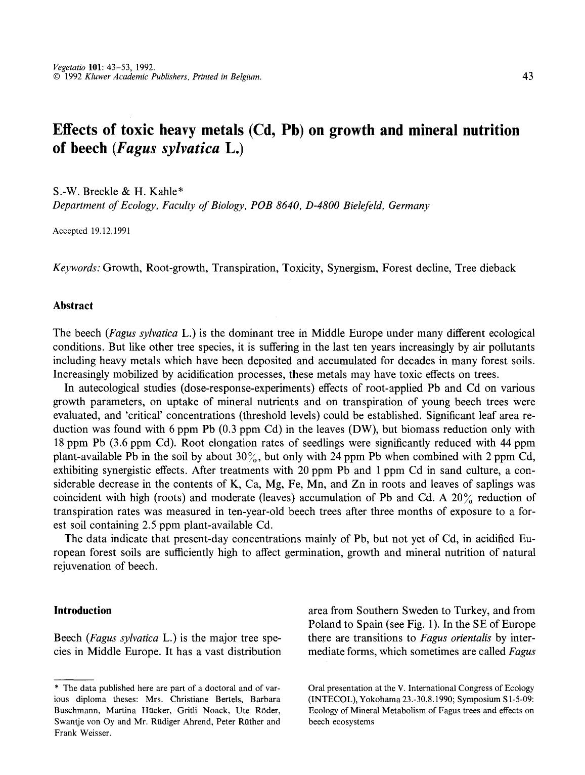 Effects of toxic heavy metals (Cd, Pb) on growth and mineral nutrition of beech ( <Emphasis Type="Italic">Fagus sylvatica <Emphasis> L.) by Unknown