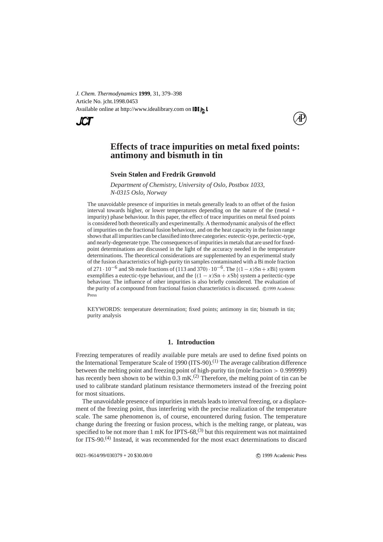 Effects of trace impurities on metal fixed points: antimony and bismuth in tin by Stølen S. & Grønvold F