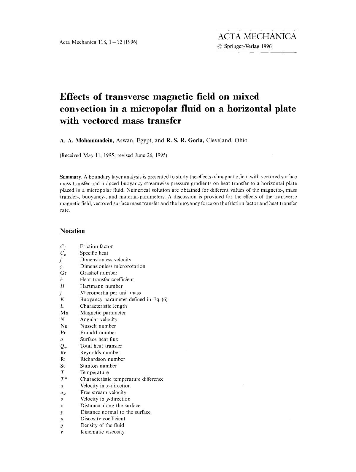 Effects of transverse magnetic field on mixed convection in a micropolar fluid on a horizontal plate with vectored mass transfer by Unknown