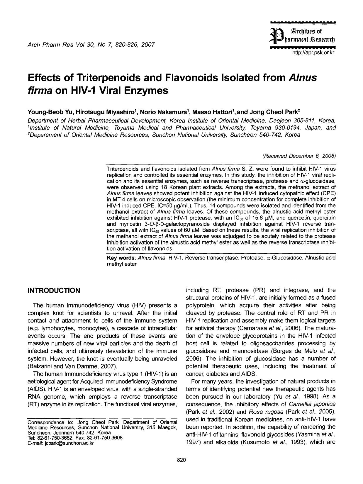 Effects of triterpenoids and flavonoids isolated from alnus firma on HIV-1 viral enzymes by Unknown