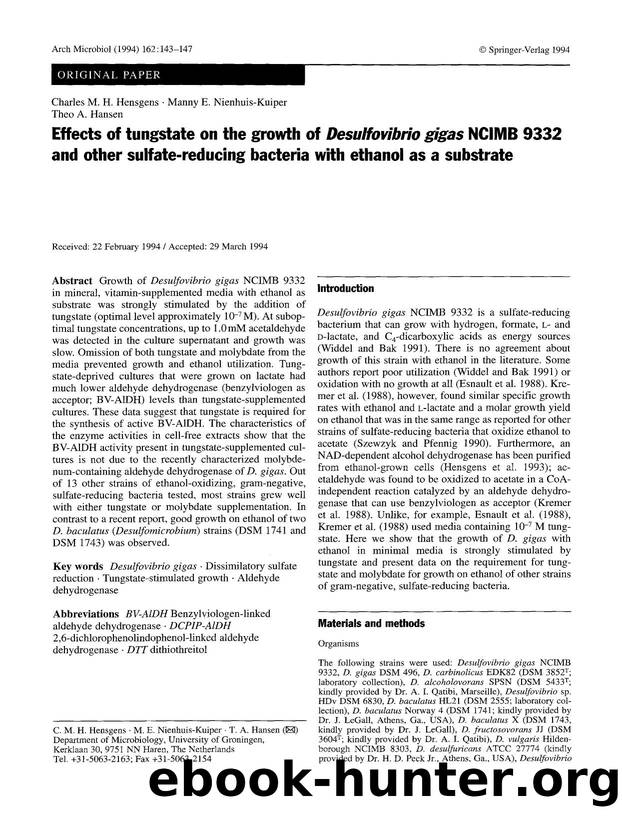 Effects of tungstate on the growth of <Emphasis Type="Italic">Desulfovibrio gigas<Emphasis> NCIMB 9332 and other sulfate-reducing bacteria with ethanol as a substrate by Unknown