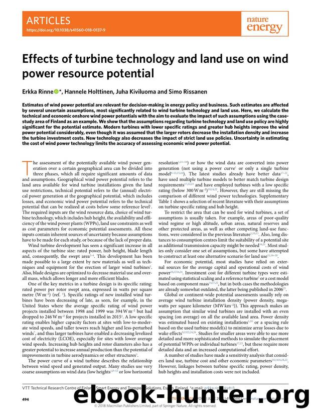 Effects of turbine technology and land use on wind power resource potential by Erkka Rinne & Hannele Holttinen & Juha Kiviluoma & Simo Rissanen