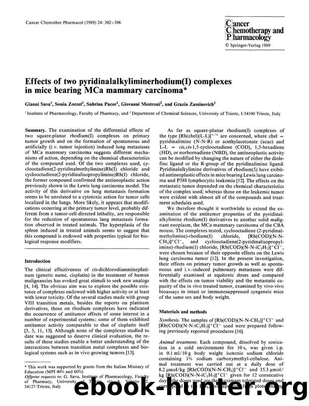 Effects of two pyridinalalkyliminerhodium(I) complexes in mice bearing MCa mammary carcinoma by Unknown