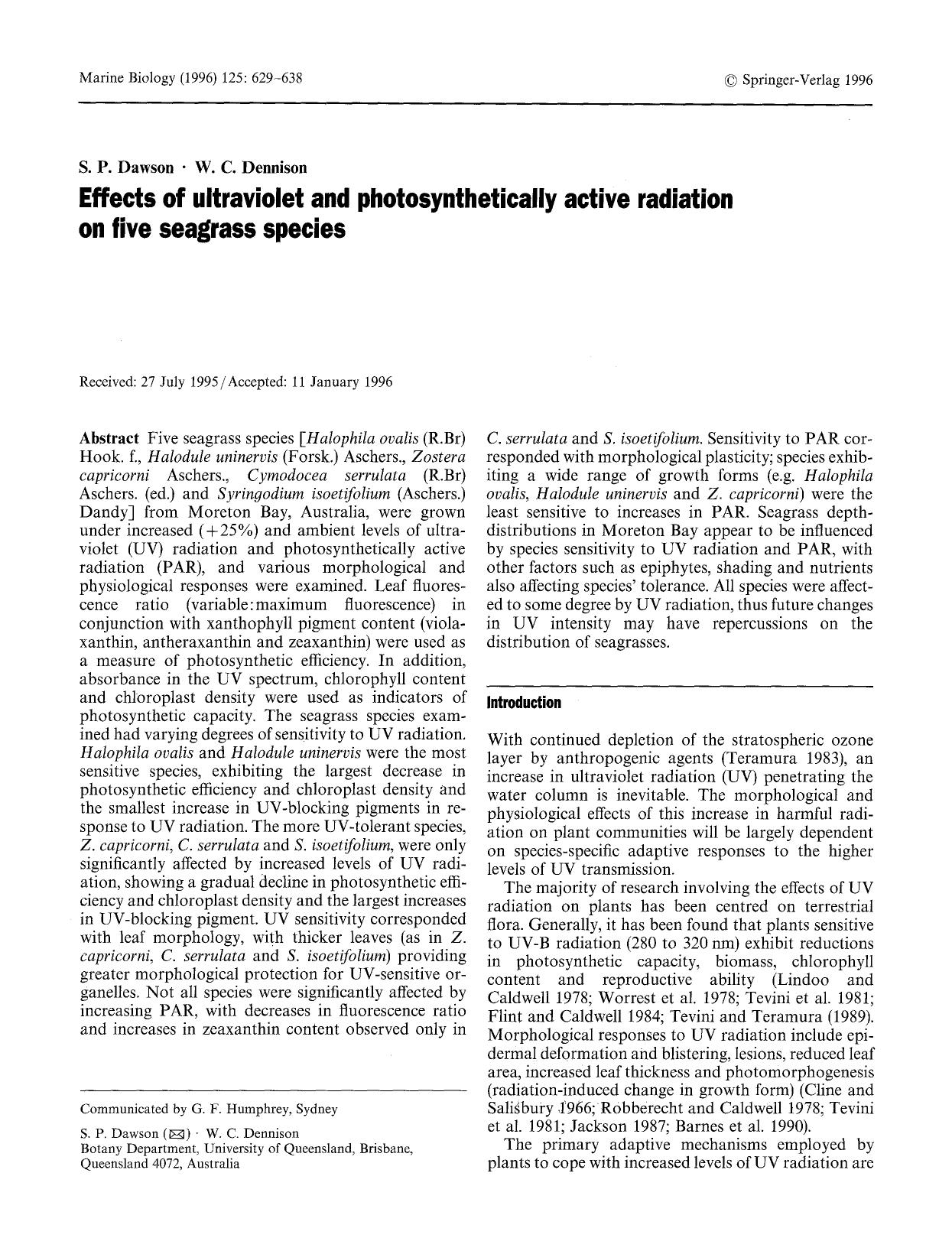 Effects of ultraviolet and photosynthetically active radiation on five seagrass species by Unknown