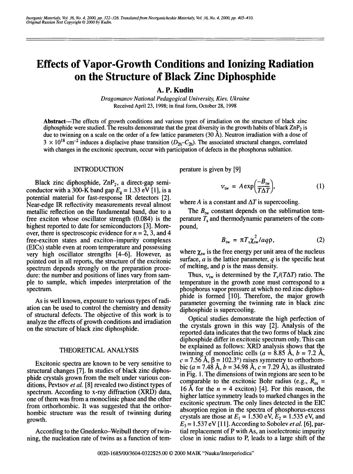 Effects of vapor- growth conditions and ionizing radiation on the structure of black zinc diphosphide by Unknown