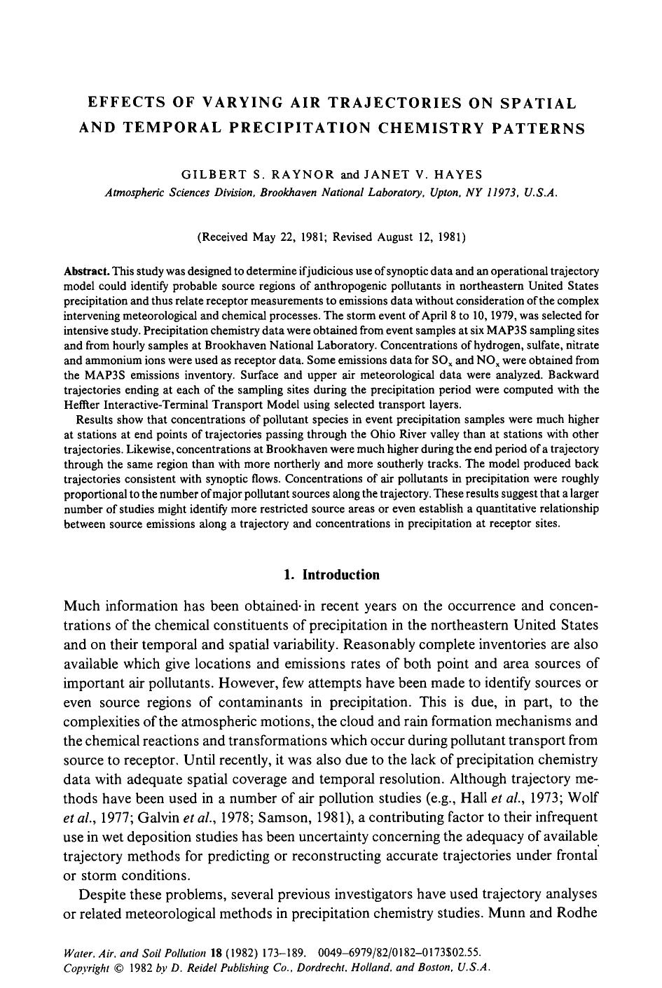 Effects of varying air trajectories on spatial and temporal precipitation chemistry patterns by Unknown