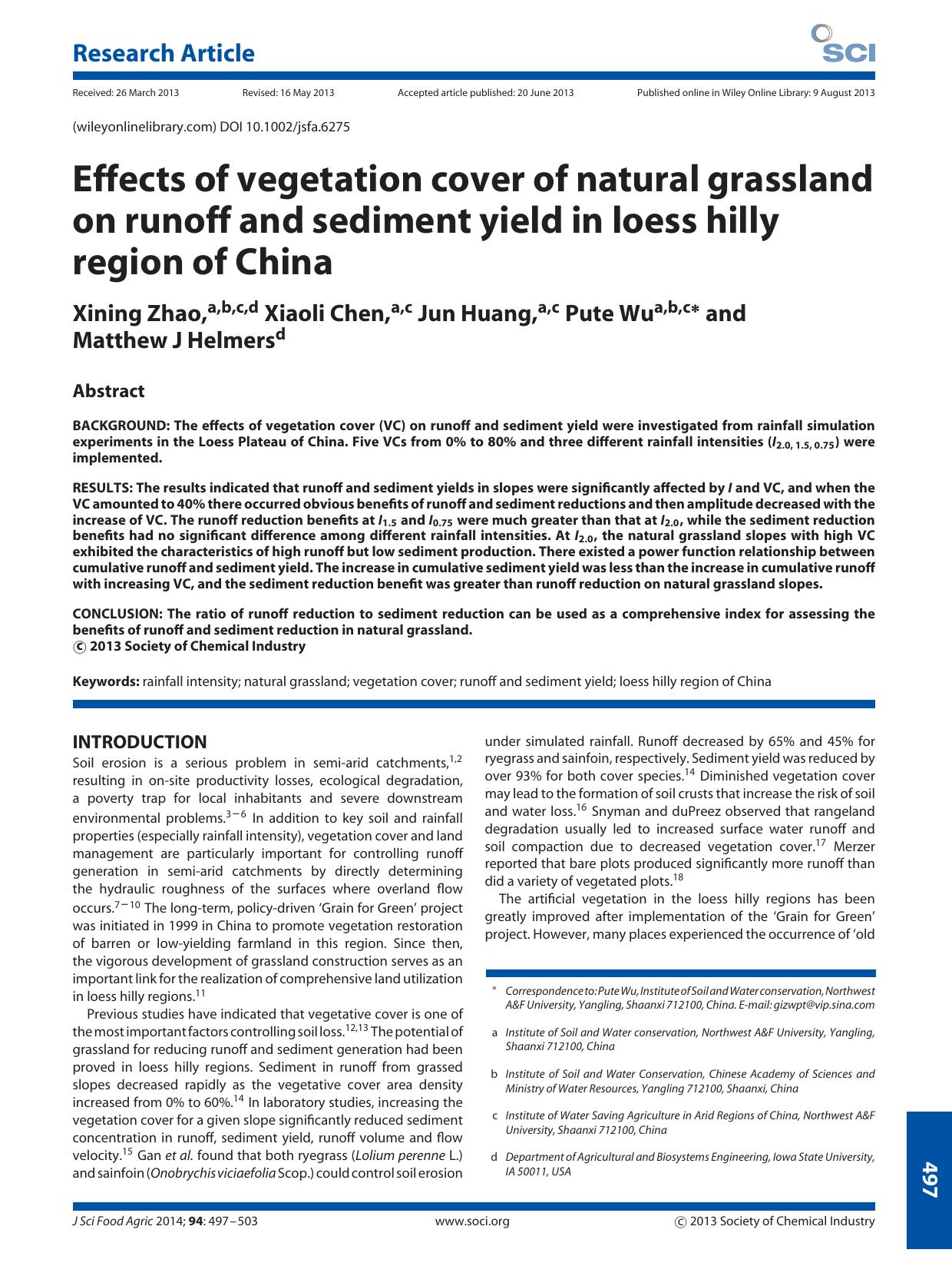 Effects of vegetation cover of natural grassland on runoff and sediment yield in loess hilly region of China by Unknown