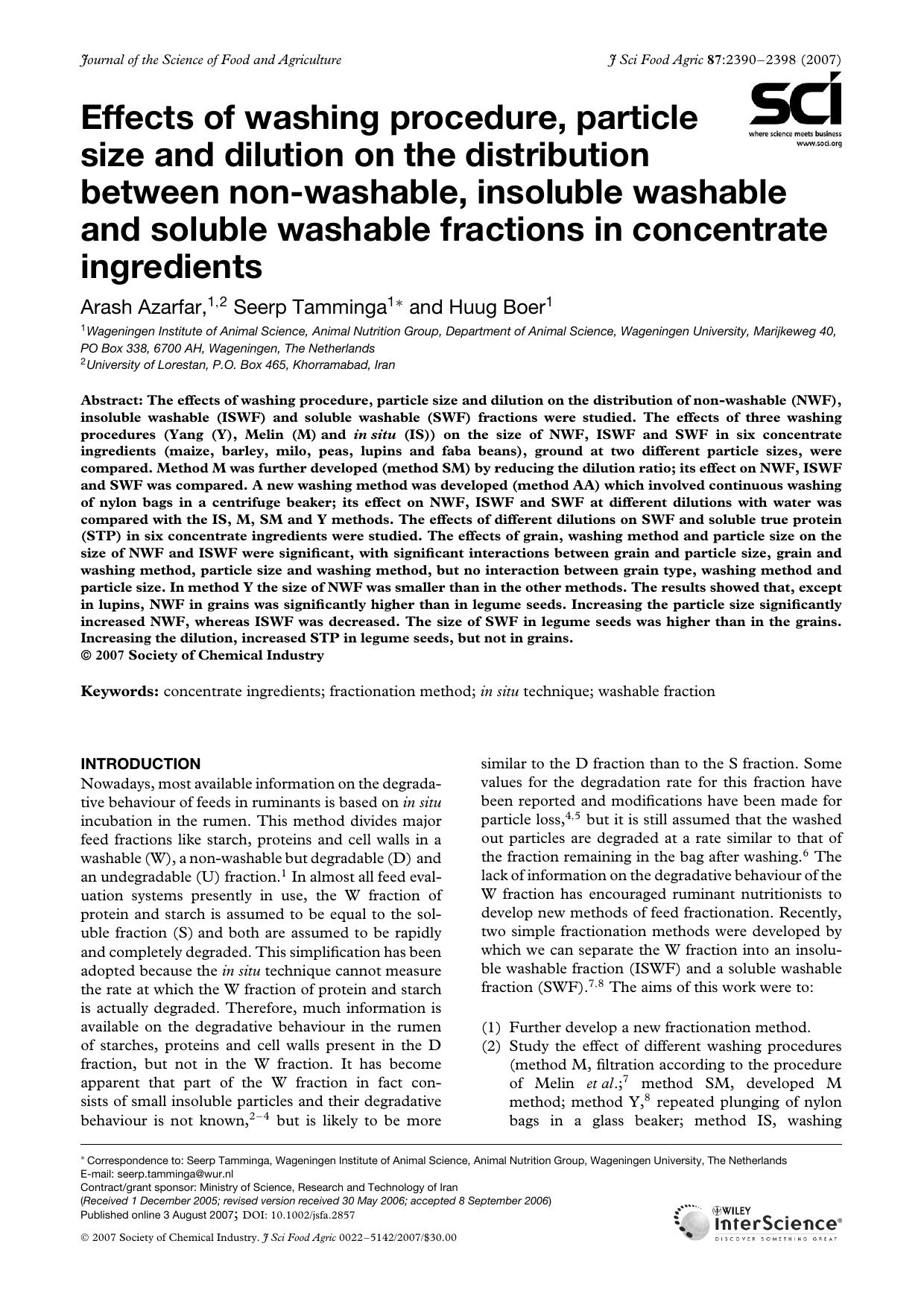 Effects of washing procedure, particle size and dilution on the distribution between non-washable, insoluble washable and soluble washable fractions in concentrate ingredients by Unknown