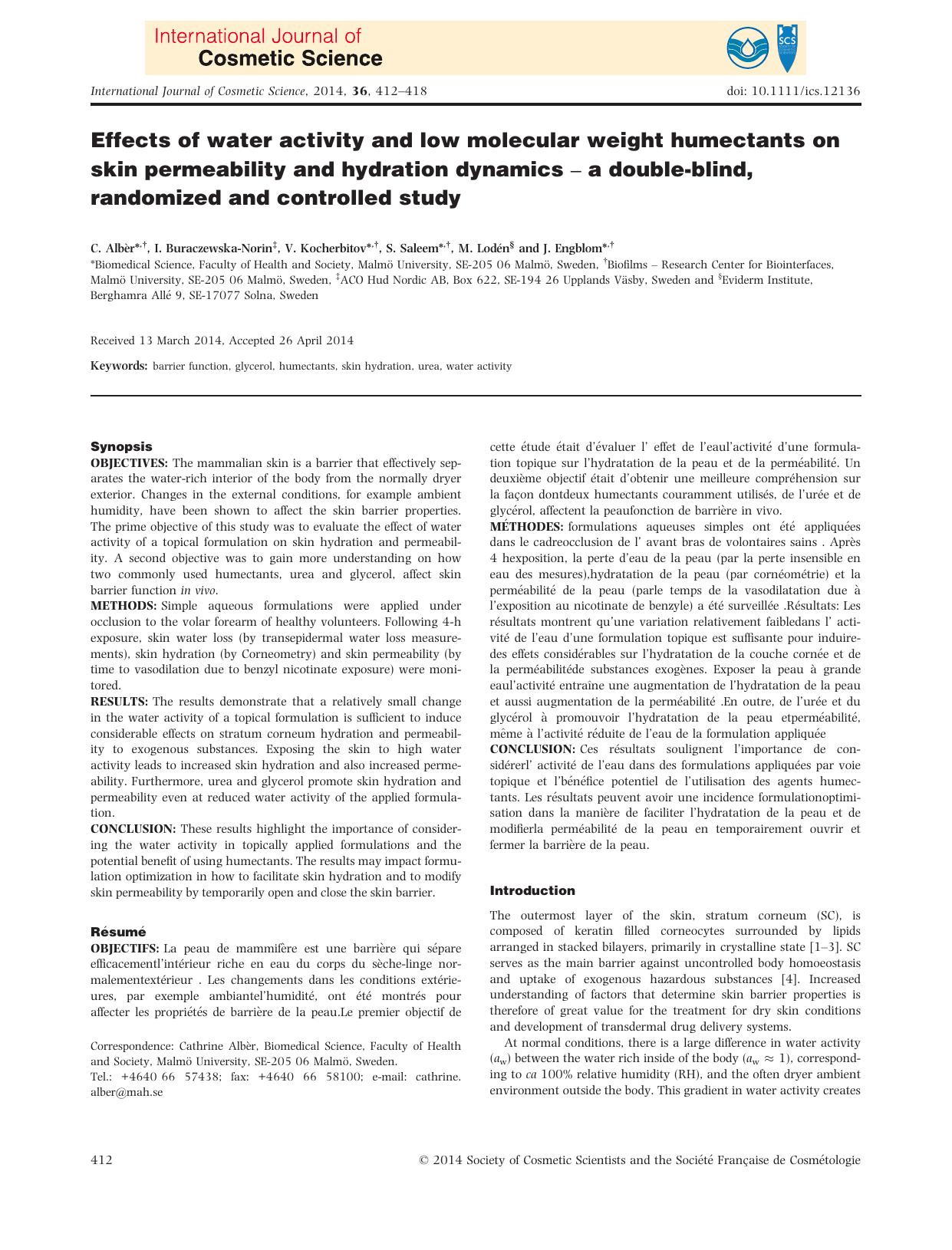 Effects of water activity and low molecular weight humectants on skin permeability and hydration dynamics a doubleblind, randomized and controlled study by Unknown