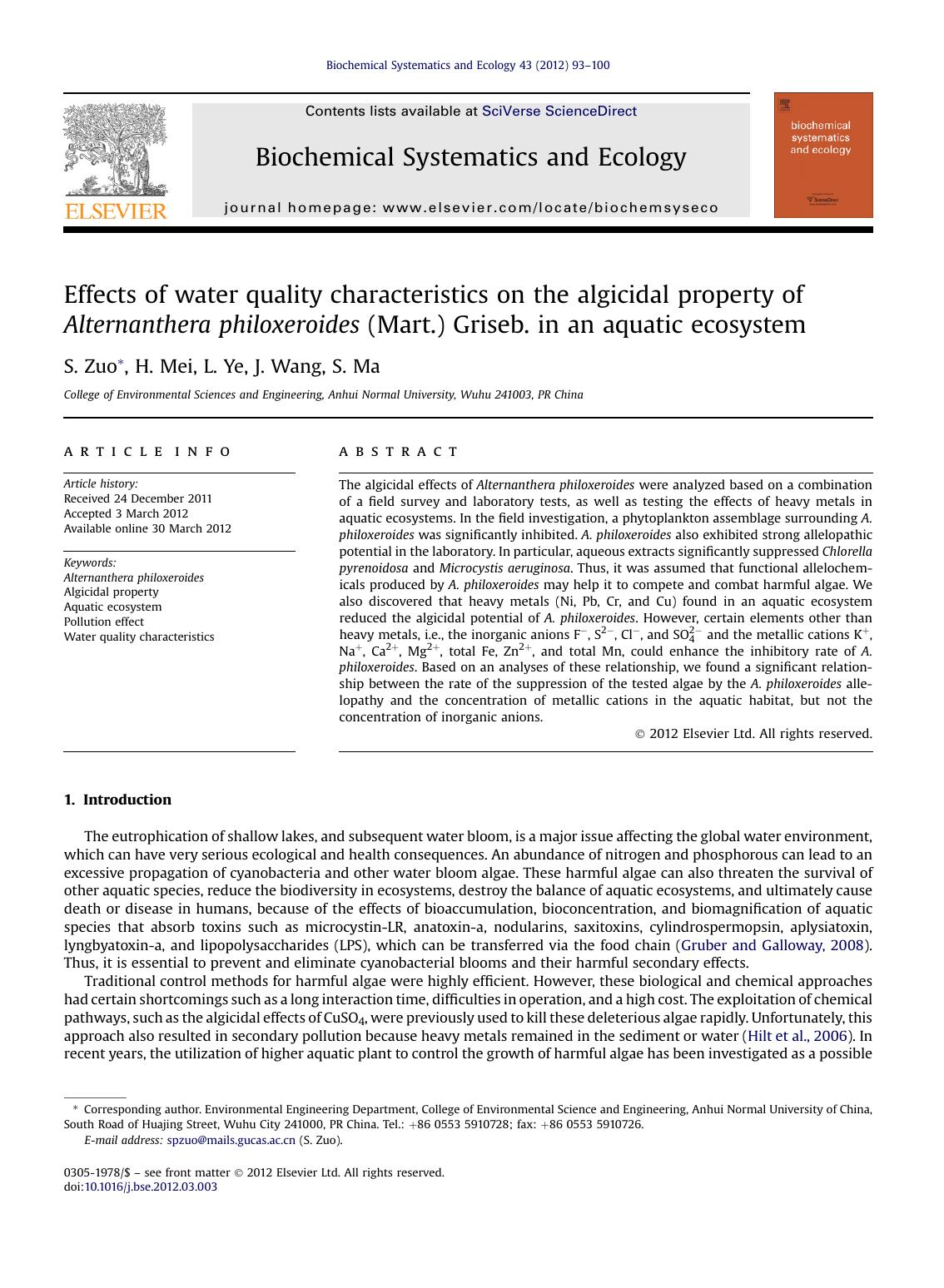Effects of water quality characteristics on the algicidal property of Alternanthera philoxeroides (Mart.) Griseb. in an aquatic ecosystem by S. Zuo & H. Mei & L. Ye & J. Wang & S. Ma