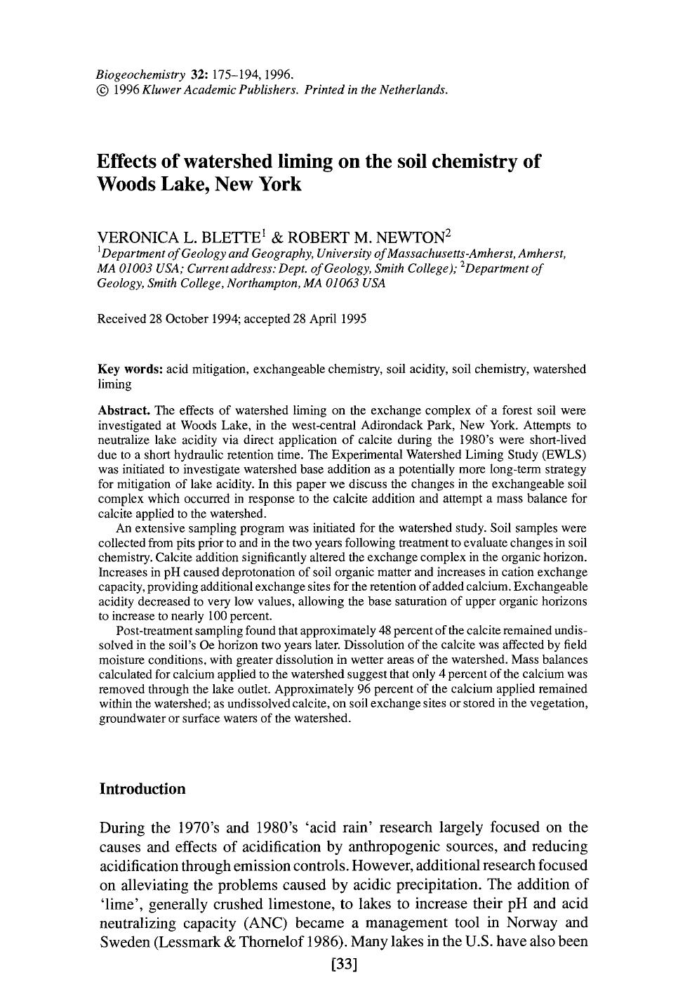 Effects of watershed liming on the soil chemistry of Woods Lake, New York by Unknown