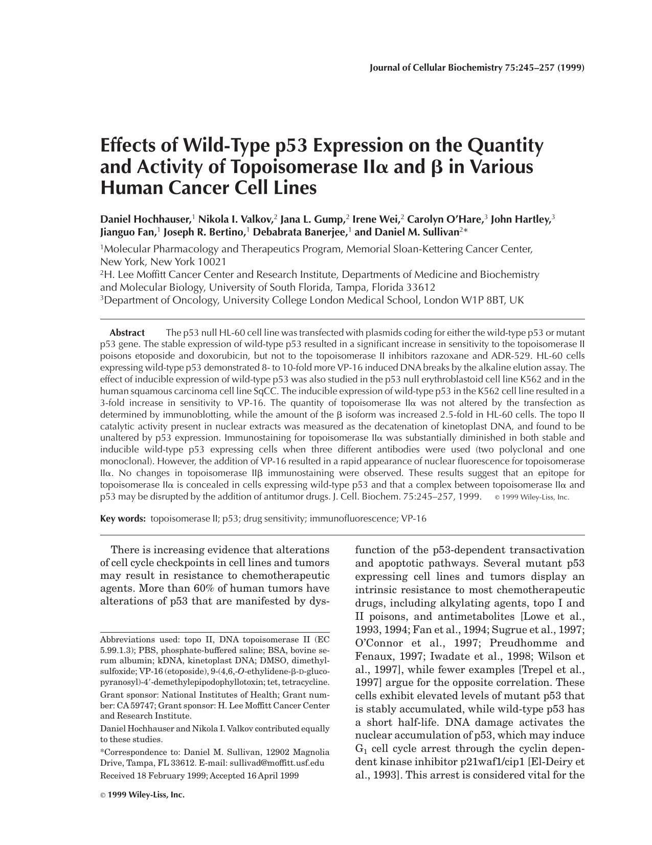 Effects of wild-type p53 expression on the quantity and activity of topoisomerase II[agr] and [bgr] in various human cancer cell lines by Unknown