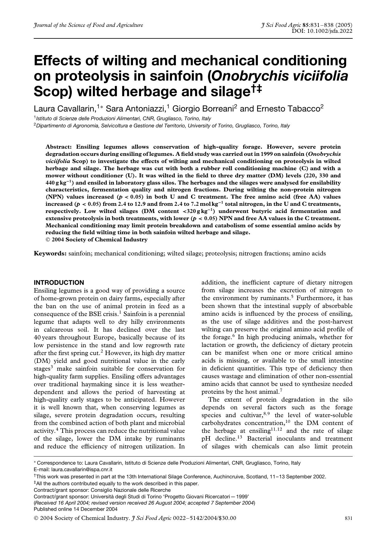 Effects of wilting and mechanical conditioning on proteolysis in sainfoin (Onobrychis viciifolia Scop) wilted herbage and silage by Unknown