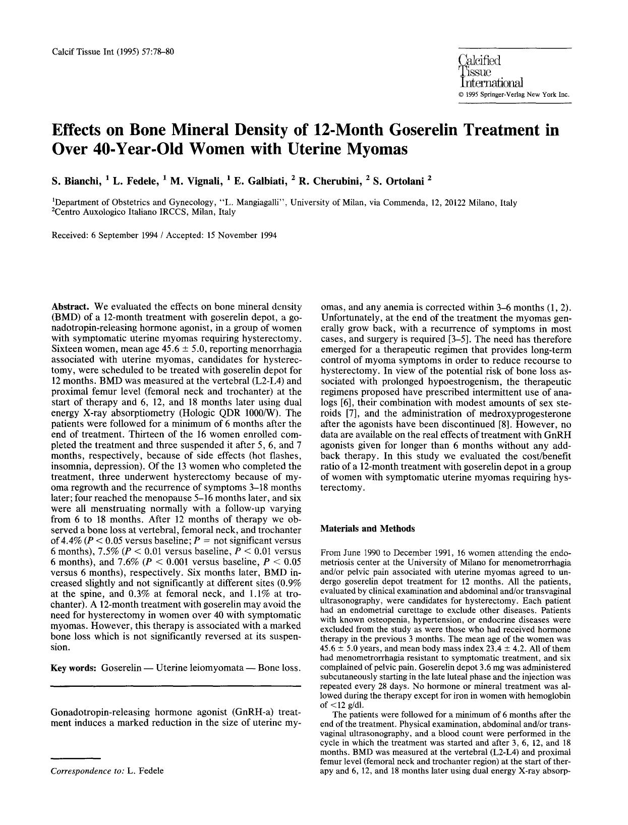 Effects on bone mineral density of 12-month goserelin treatment in over 40-year-old women with uterine myomas by Unknown