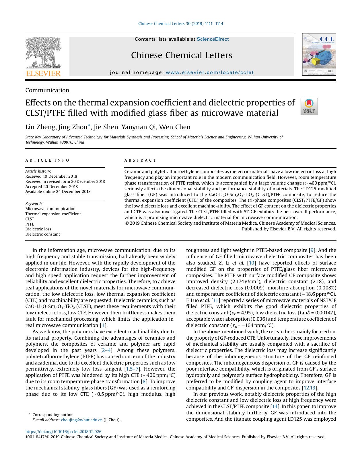Effects on the thermal expansion coefficient and dielectric properties of CLSTPTFE filled with modified glass fiber as microwave material by Liu Zheng & Jing Zhou & Jie Shen & Yanyuan Qi & Wen Chen