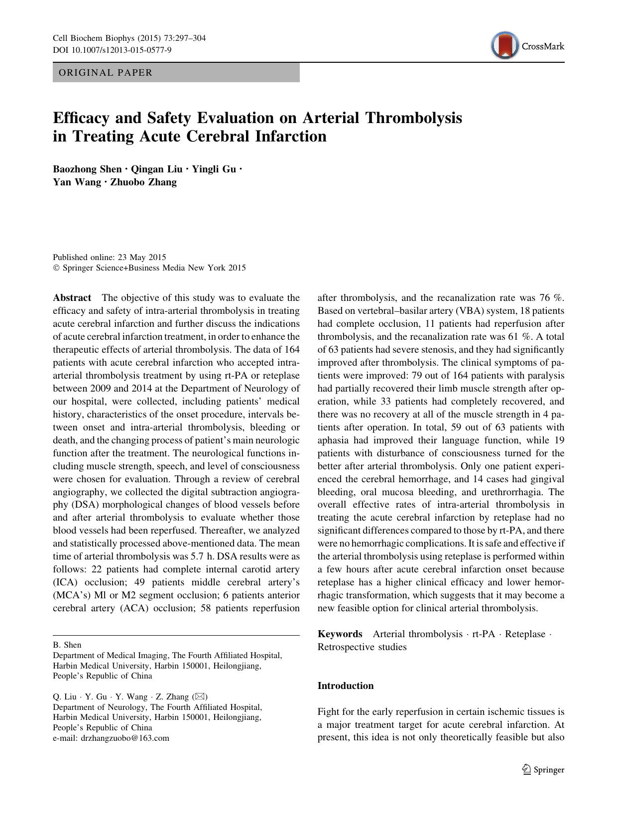 Efficacy and Safety Evaluation on Arterial Thrombolysis in Treating Acute Cerebral Infarction by Baozhong Shen & Qingan Liu & Yingli Gu & Yan Wang & Zhuobo Zhang