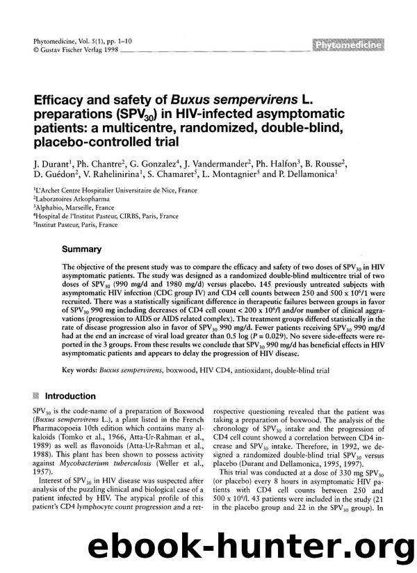 Efficacy and safety of Buxus sempervirens L. preparations (SPV30) in HIV-infected asymptomatic patients: a multicentre, randomized, double-blind, placebo-controlled trial by unknow