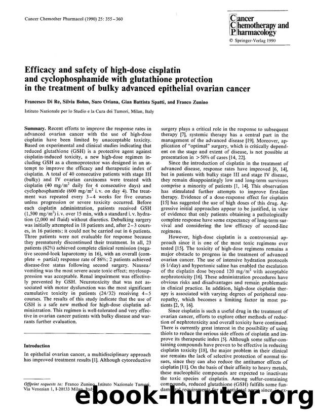 Efficacy and safety of high-dose cisplatin and cyclophosphamide with glutathione protection in the treatment of bulky advanced epithelial ovarian cancer by Unknown