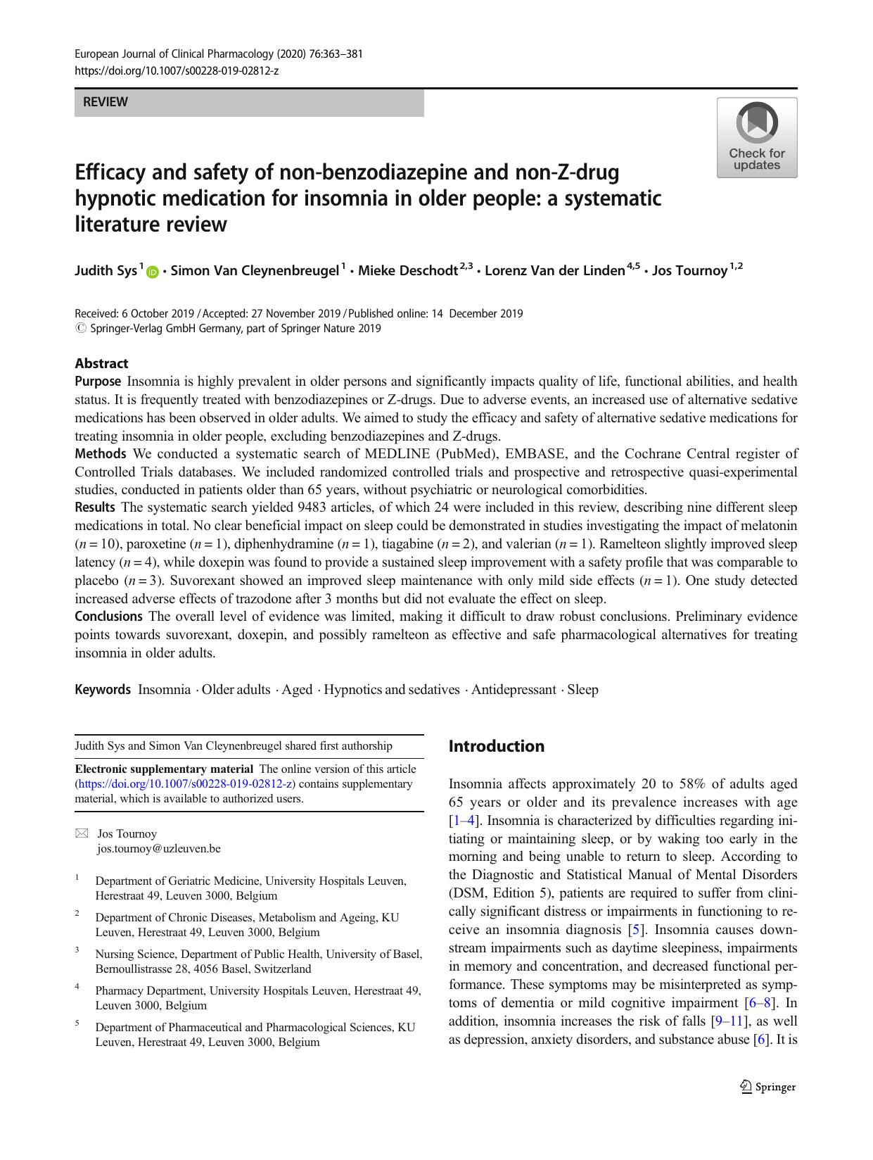 Efficacy and safety of non-benzodiazepine and non-Z-drug hypnotic medication for insomnia in older people: a systematic literature review by Judith Sys & Simon Van Cleynenbreugel & Mieke Deschodt & Lorenz Van der Linden & Jos Tournoy