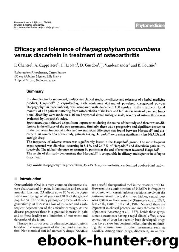 Efficacy and tolerance of Harpagophytum procumbens versus diacerhein in treatment of osteoarthritis by P. Chantre & A. Cappelaere & D. Leblan & D. Guedon & J. Vandermander & B. Fournie