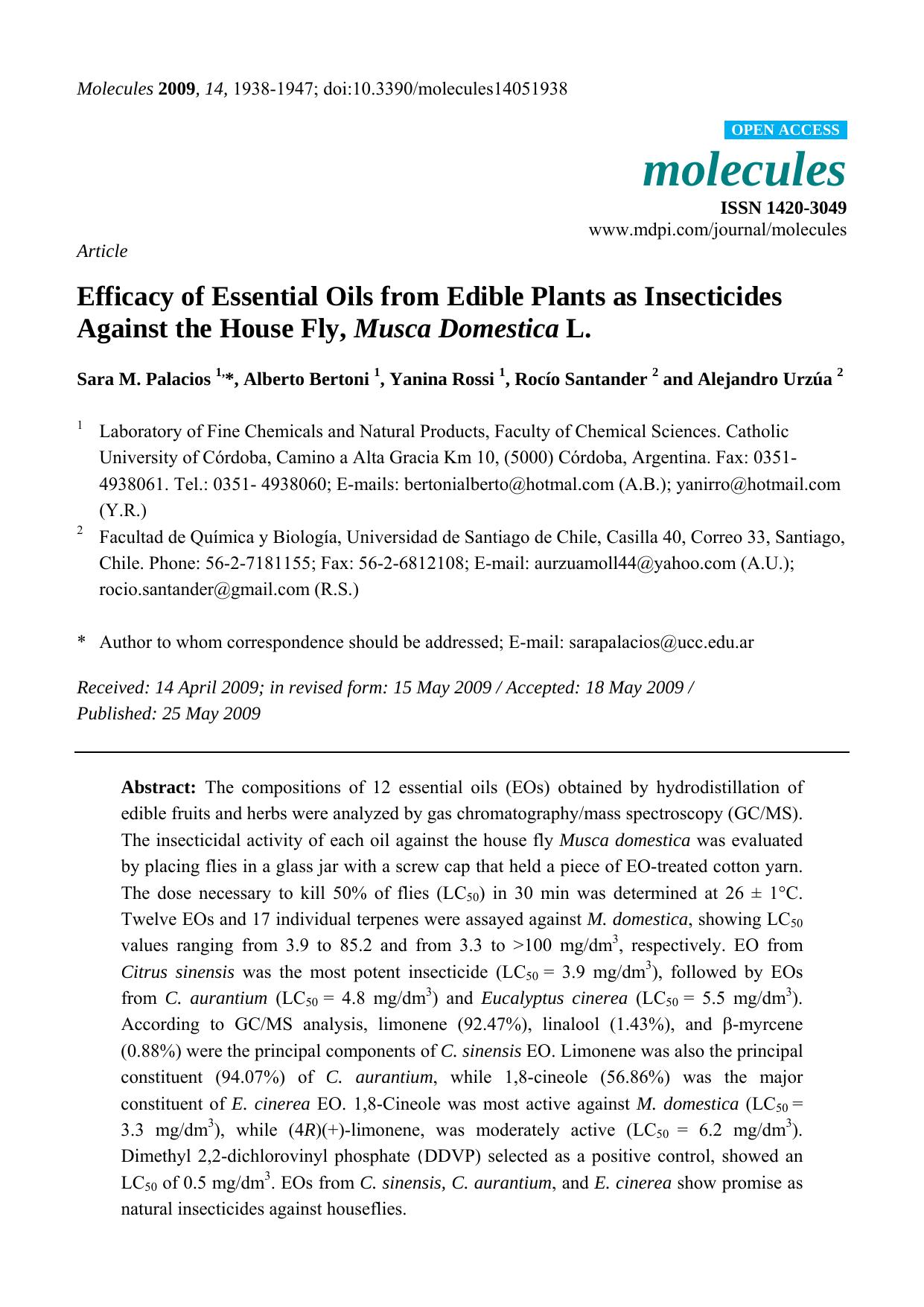 Efficacy of Essential Oils from Edible Plants as Insecticides Against the House Fly, Musca Domestica L. by Sara M. Palacios & Alberto Bertoni & Yanina Rossi & Rocío Santander & Alejandro Urzúa