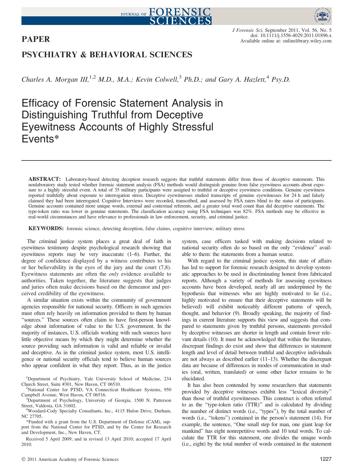 Efficacy of Forensic Statement Analysis in Distinguishing Truthful from Deceptive Eyewitness Accounts of Highly Stressful Events by Unknown