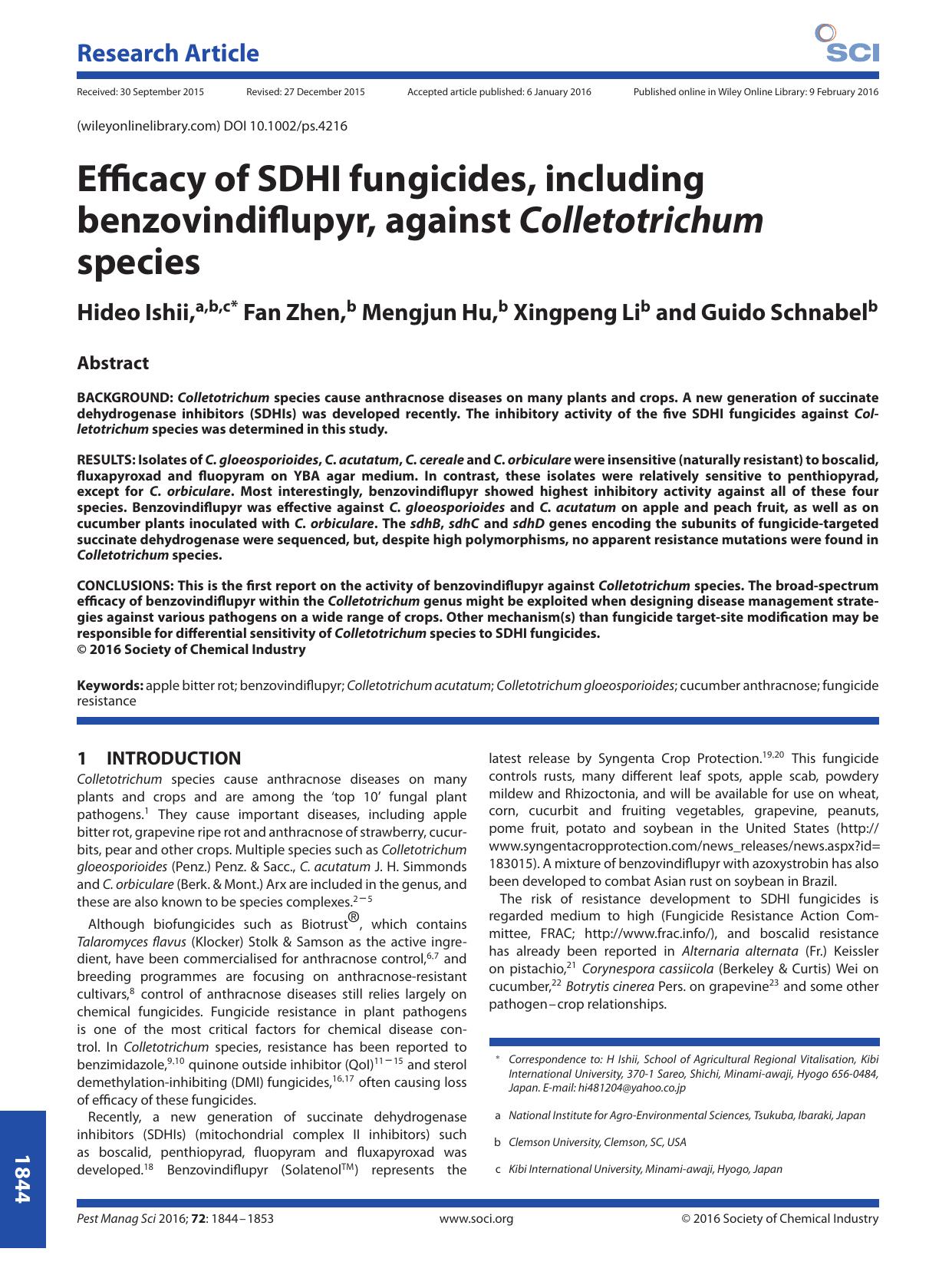 Efficacy of SDHI fungicides, including benzovindiflupyr, against Colletotrichum species by Unknown
