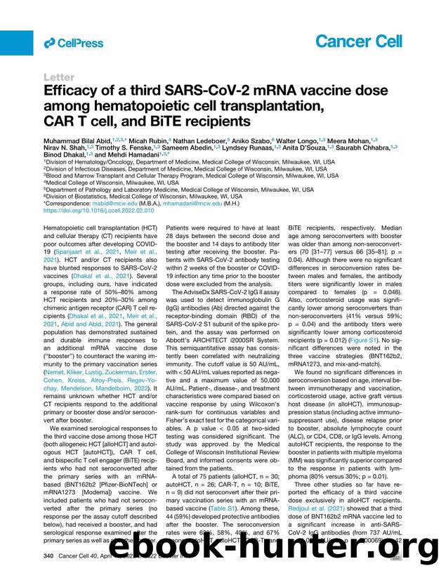 Efficacy of a third SARS-CoV-2 mRNA vaccine dose among hematopoietic cell transplantation, CAR T&nbsp;cell, and BiTE recipients by unknow