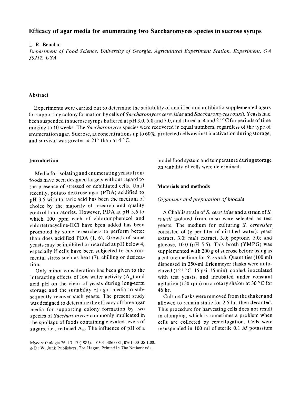 Efficacy of agar media for enumerating two Saccharomyces species in sucrose syrups by Unknown
