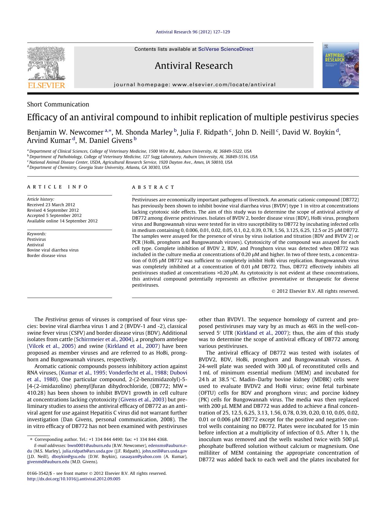 Efficacy of an antiviral compound to inhibit replication of multiple pestivirus species by unknow