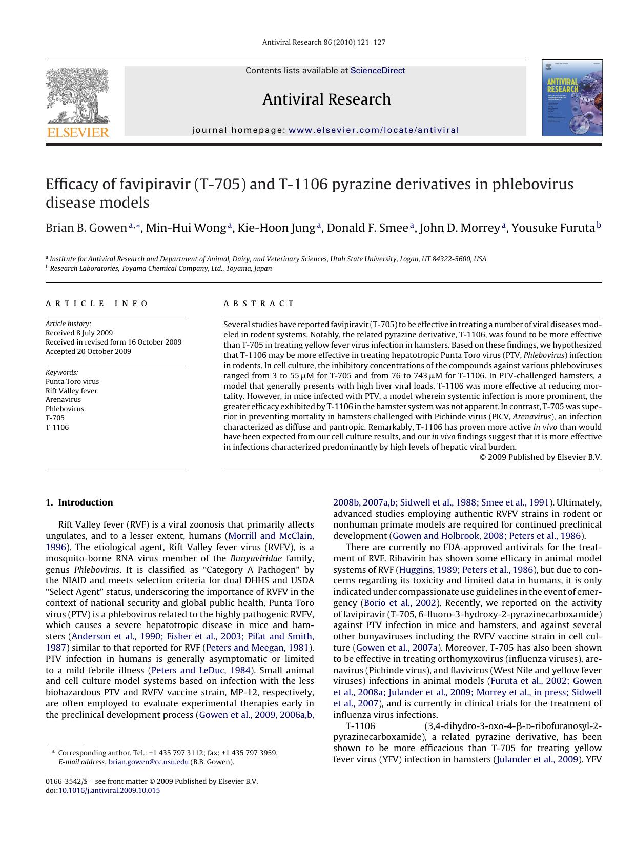Efficacy of favipiravir (T-705) and T-1106 pyrazine derivatives in phlebovirus disease models by Brian B. Gowen; Min-Hui Wong; Kie-Hoon Jung; Donald F. Smee; John D. Morrey; Yousuke Furuta