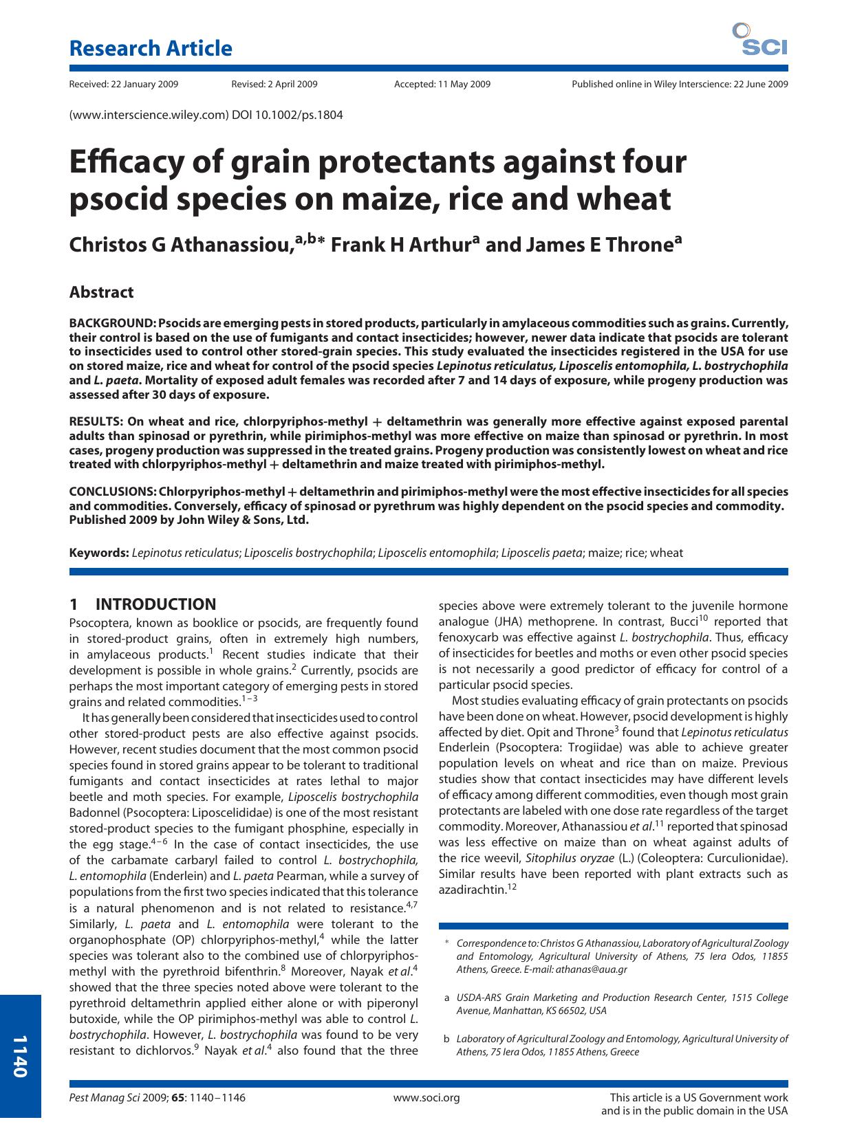Efficacy of grain protectants against four psocid species on maize, rice and wheat by Unknown