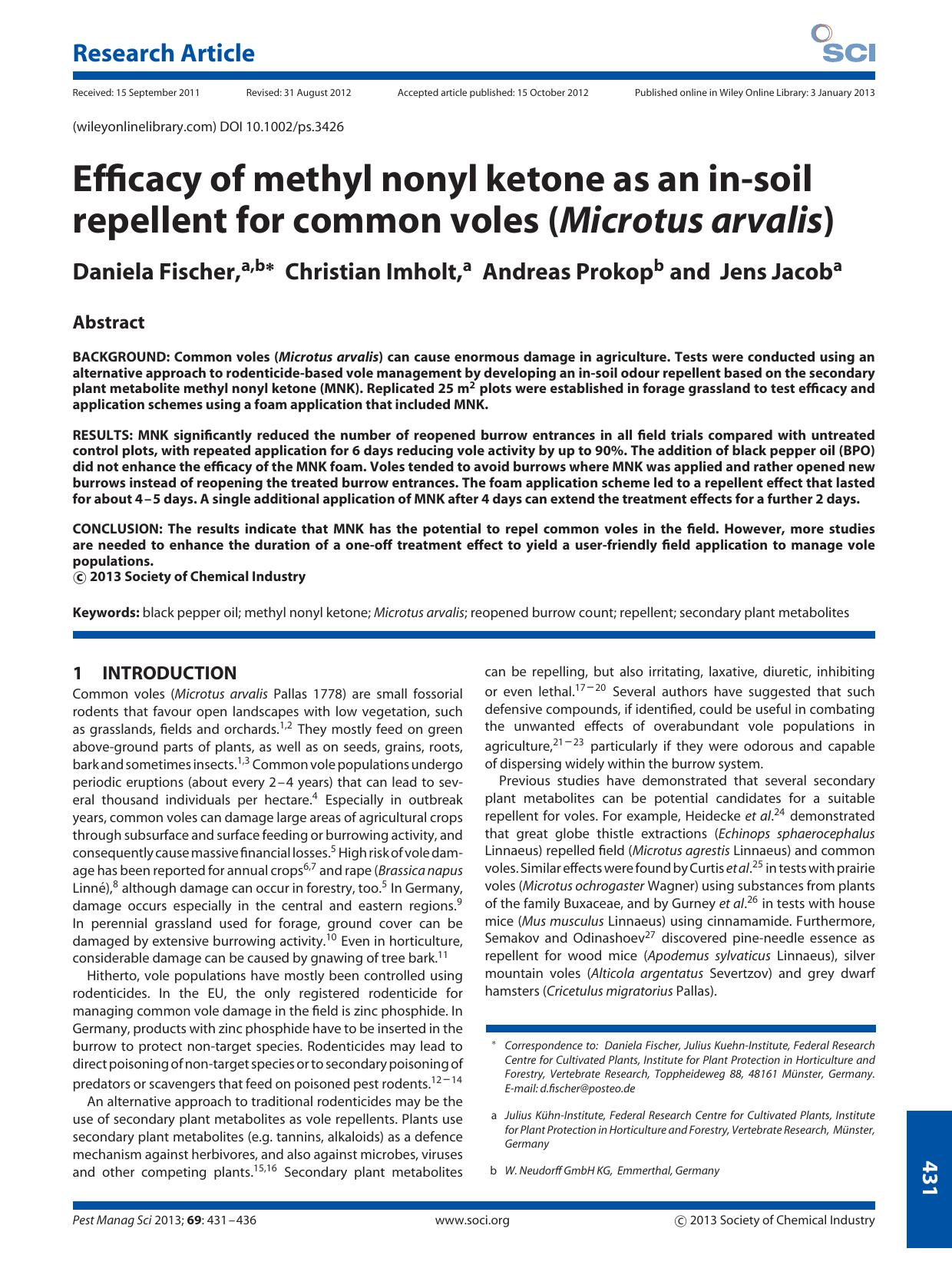 Efficacy of methyl nonyl ketone as an insoil repellent for common voles (Microtus arvalis) by Unknown