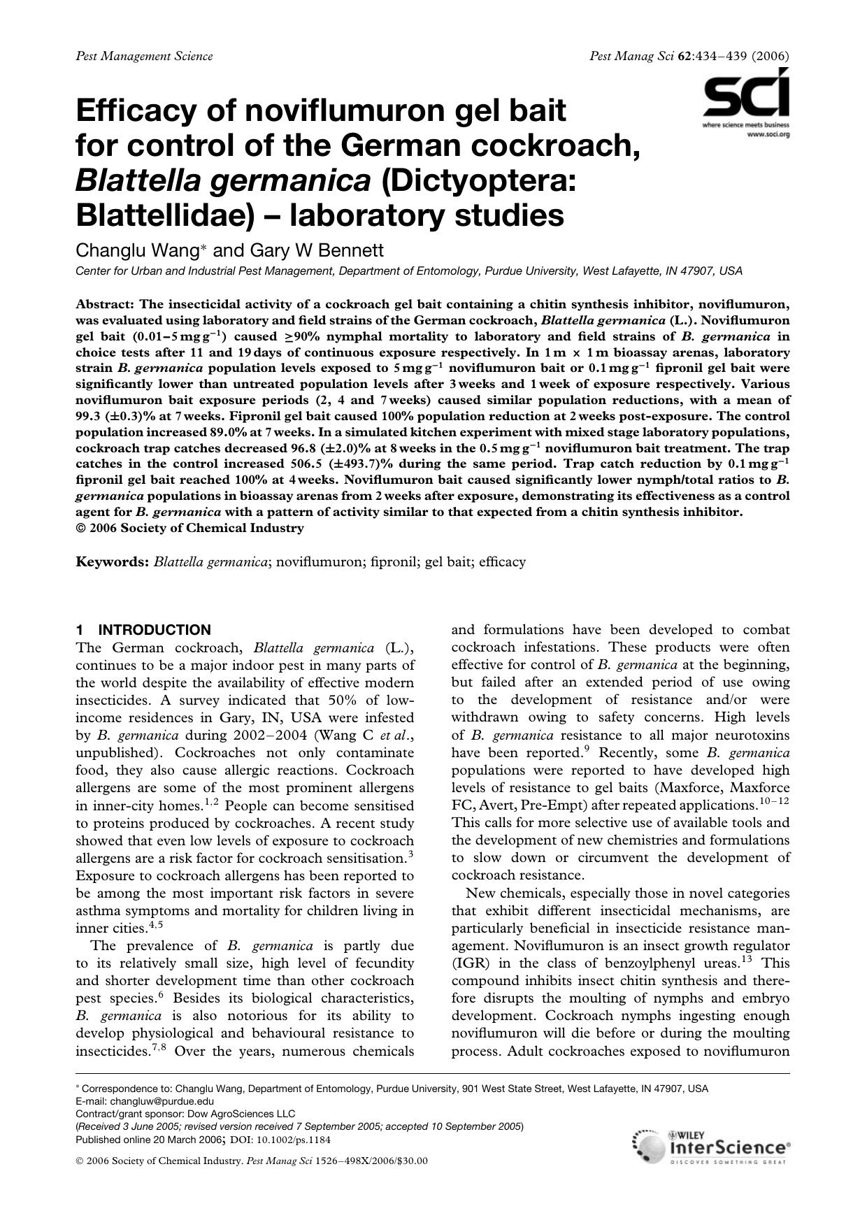 Efficacy of noviflumuron gel bait for control of the German cockroach, Blattella germanica (Dictyoptera: Blattellidae)-laboratory studies by Unknown