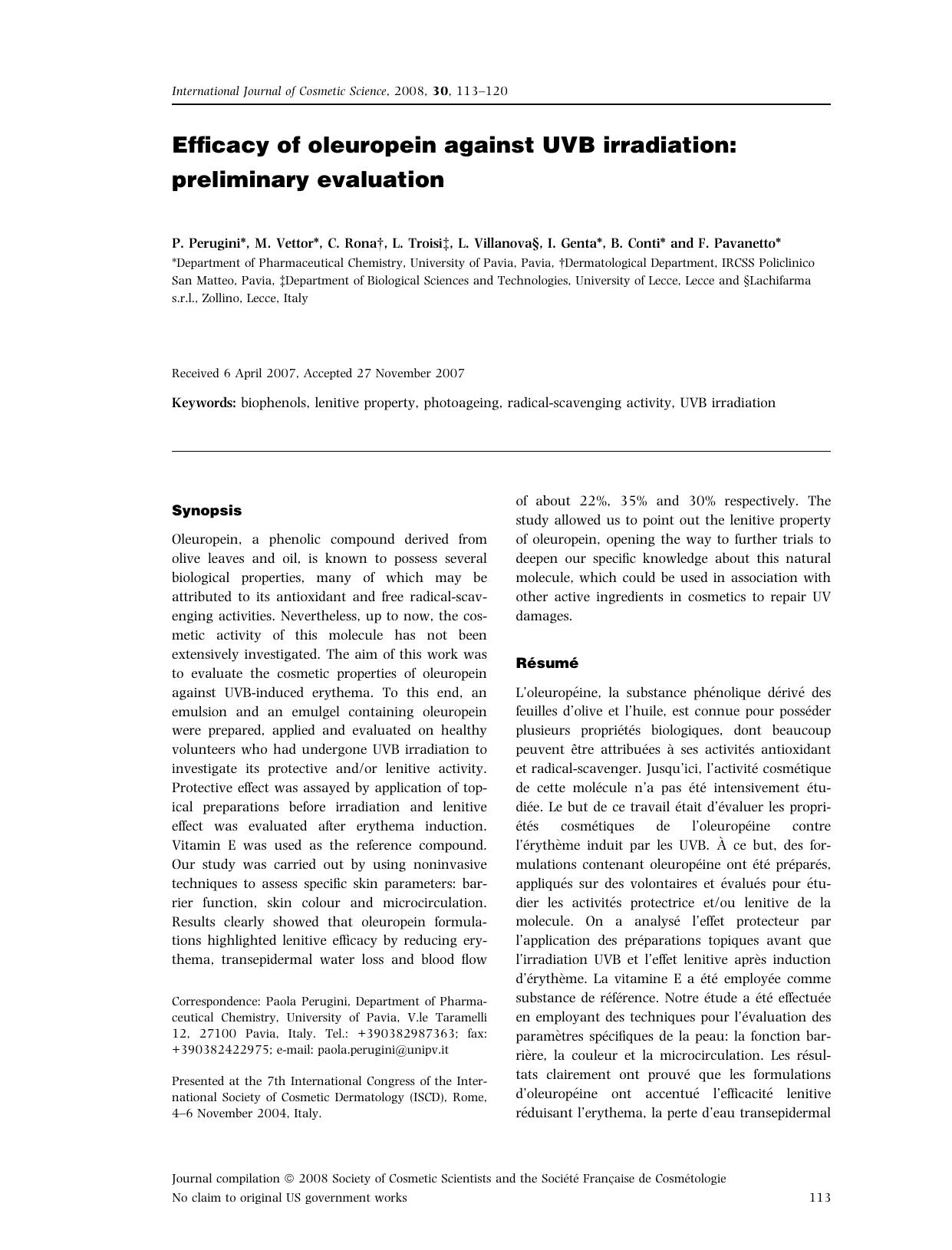 Efficacy of oleuropein against UVB irradiation: preliminary evaluation by Unknown