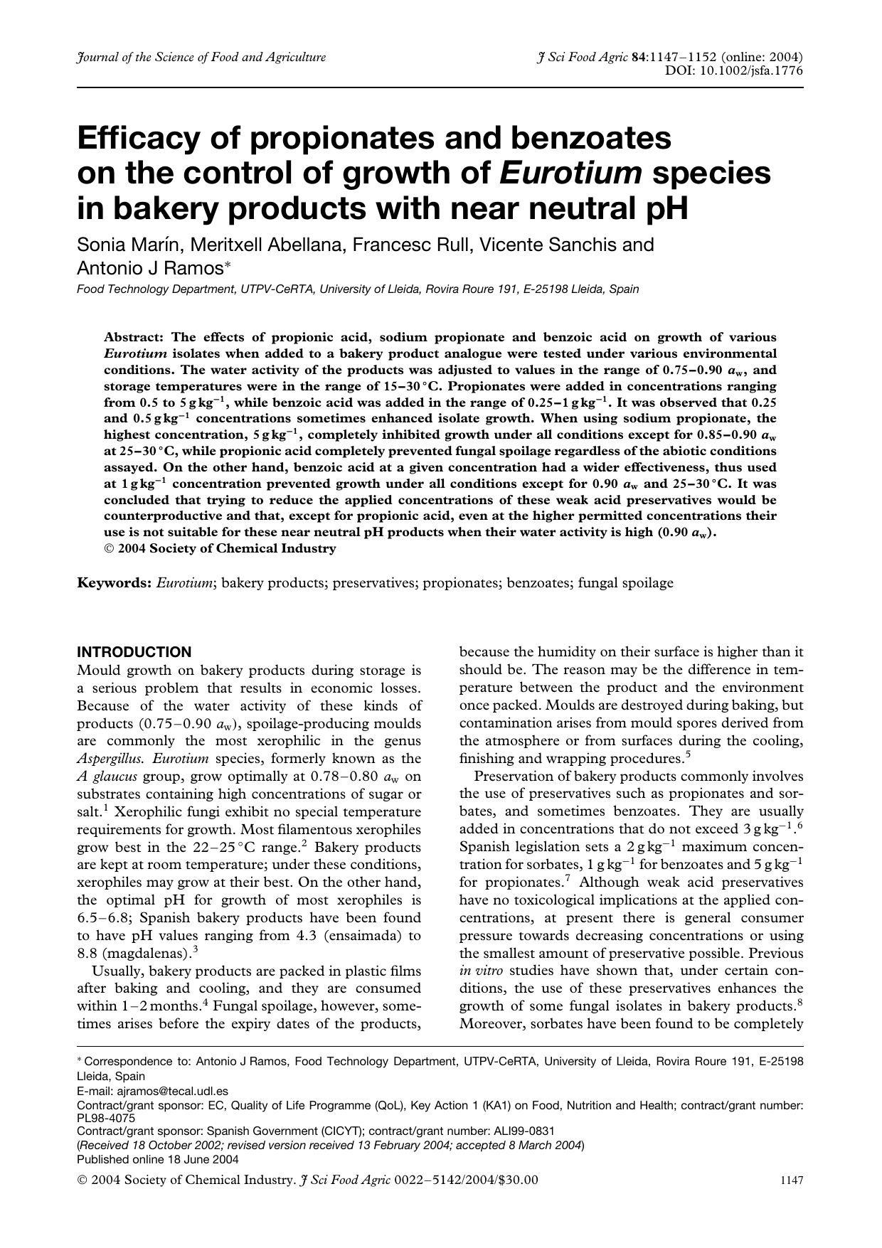 Efficacy of propionates and benzoates on the control of growth of Eurotium species in bakery products with near neutral pH by Unknown