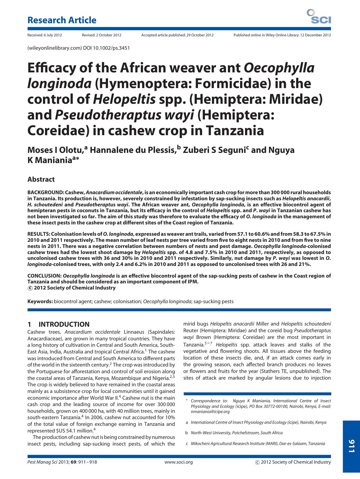 Efficacy of the African weaver ant Oecophylla longinoda (Hymenoptera: Formicidae) in the control of Helopeltis spp. (Hemiptera: Miridae) and Pseudotheraptus wayi (Hemiptera: Coreid by Unknown