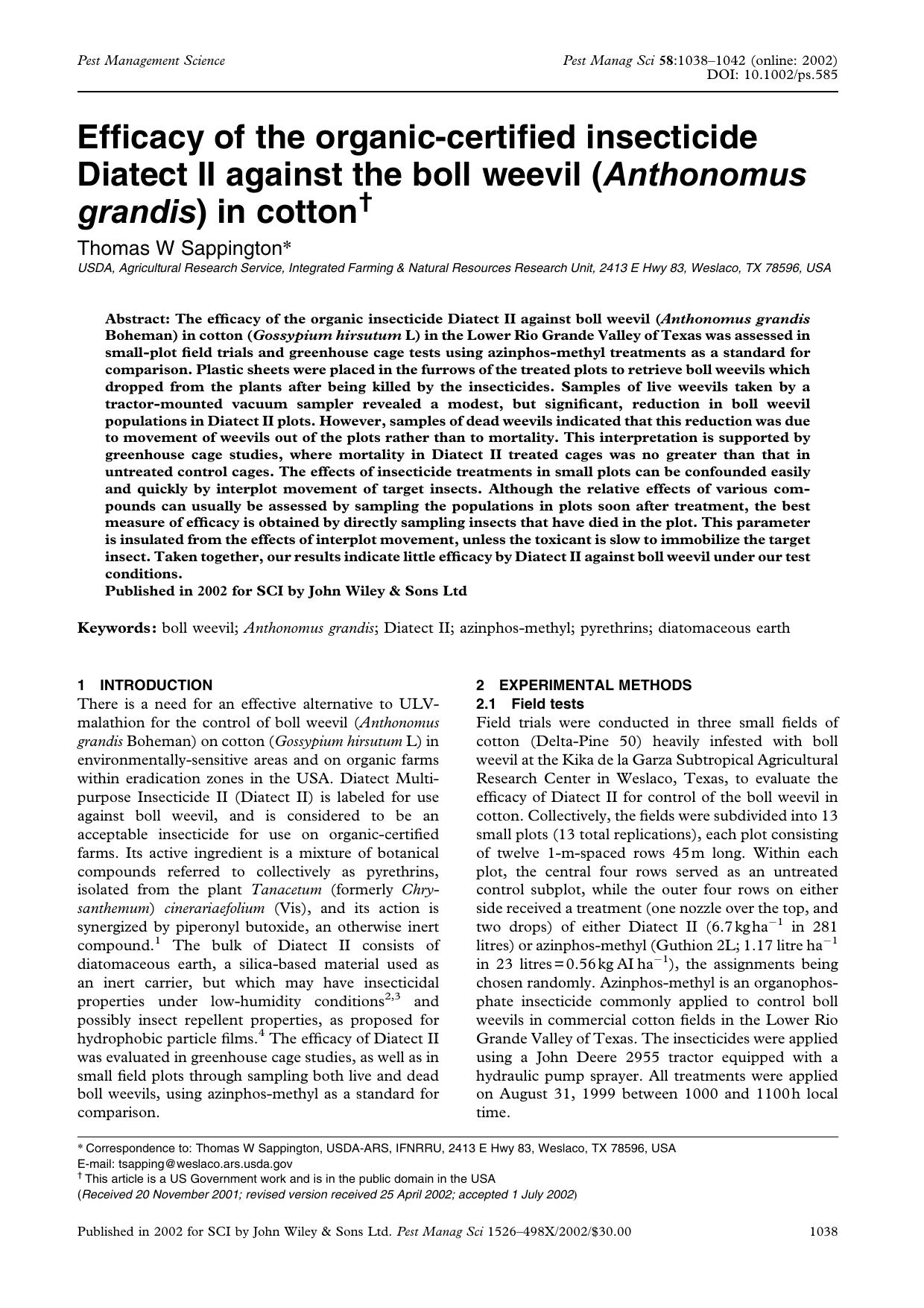 Efficacy of the organic-certified insecticide Diatect II against the boll weevil (Anthonomus grandis) in cotton by Unknown
