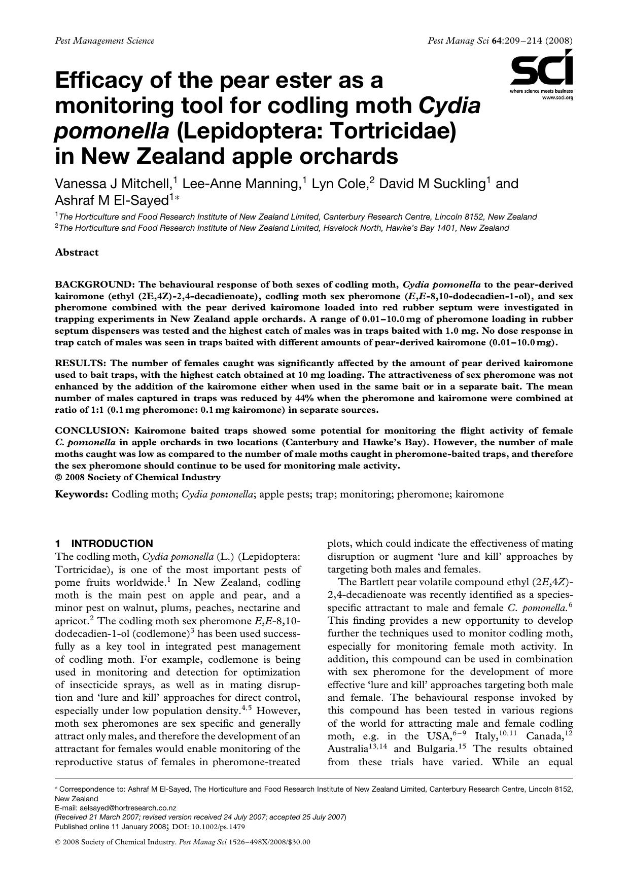 Efficacy of the pear ester as a monitoring tool for codling moth Cydia pomonella (Lepidoptera: Tortricidae) in New Zealand apple orchards by Unknown