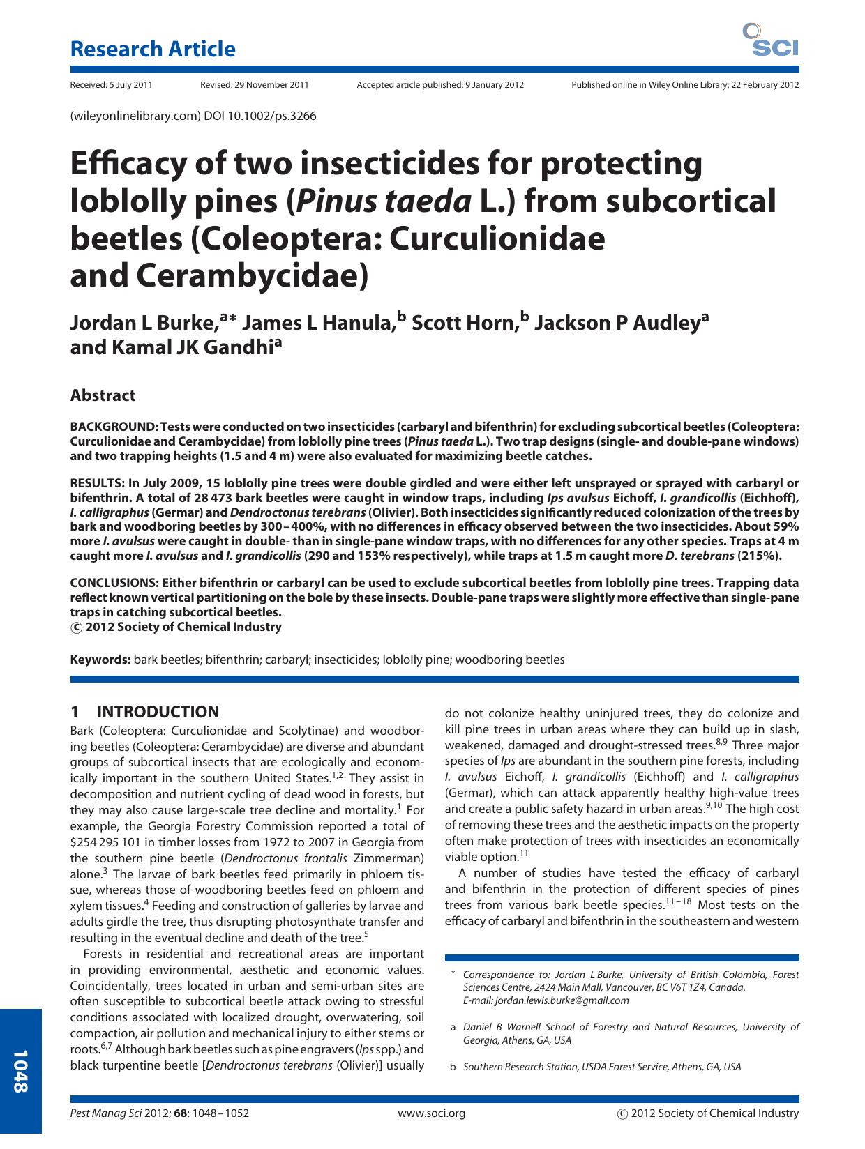 Efficacy of two insecticides for protecting loblolly pines (Pinus taeda L.) from subcortical beetles (Coleoptera: Curculionidae and Cerambycidae) by Unknown