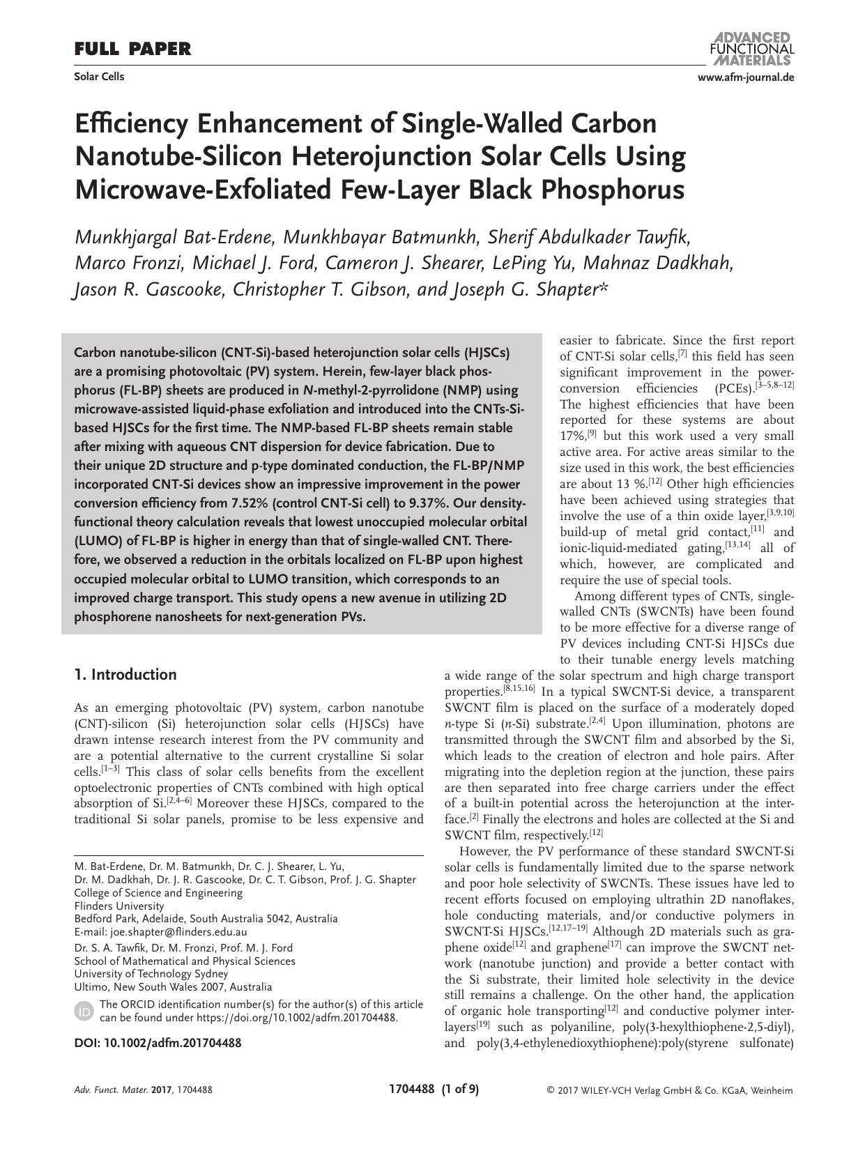 Efficiency Enhancement of Single‐Walled Carbon Nanotube‐Silicon Heterojunction Solar Cells Using Microwave‐Exfoliated Few‐Layer Black Phosphorus by Unknown